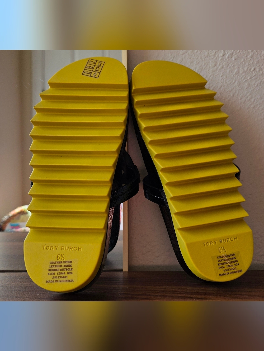 Tory Burch Black Patent Slides with Yellow Zigzag Platform - Picture 4 of 4